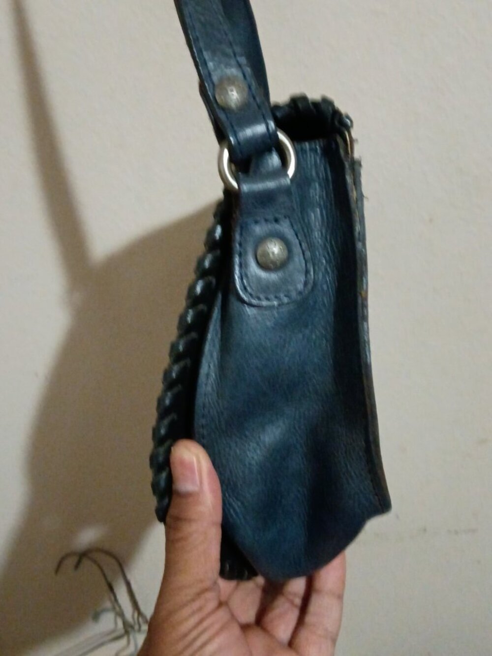 Patricia Nash Leather Saddle Bag Tooled Crossbody Purse Navy-Blue Floral - Picture 11 of 16